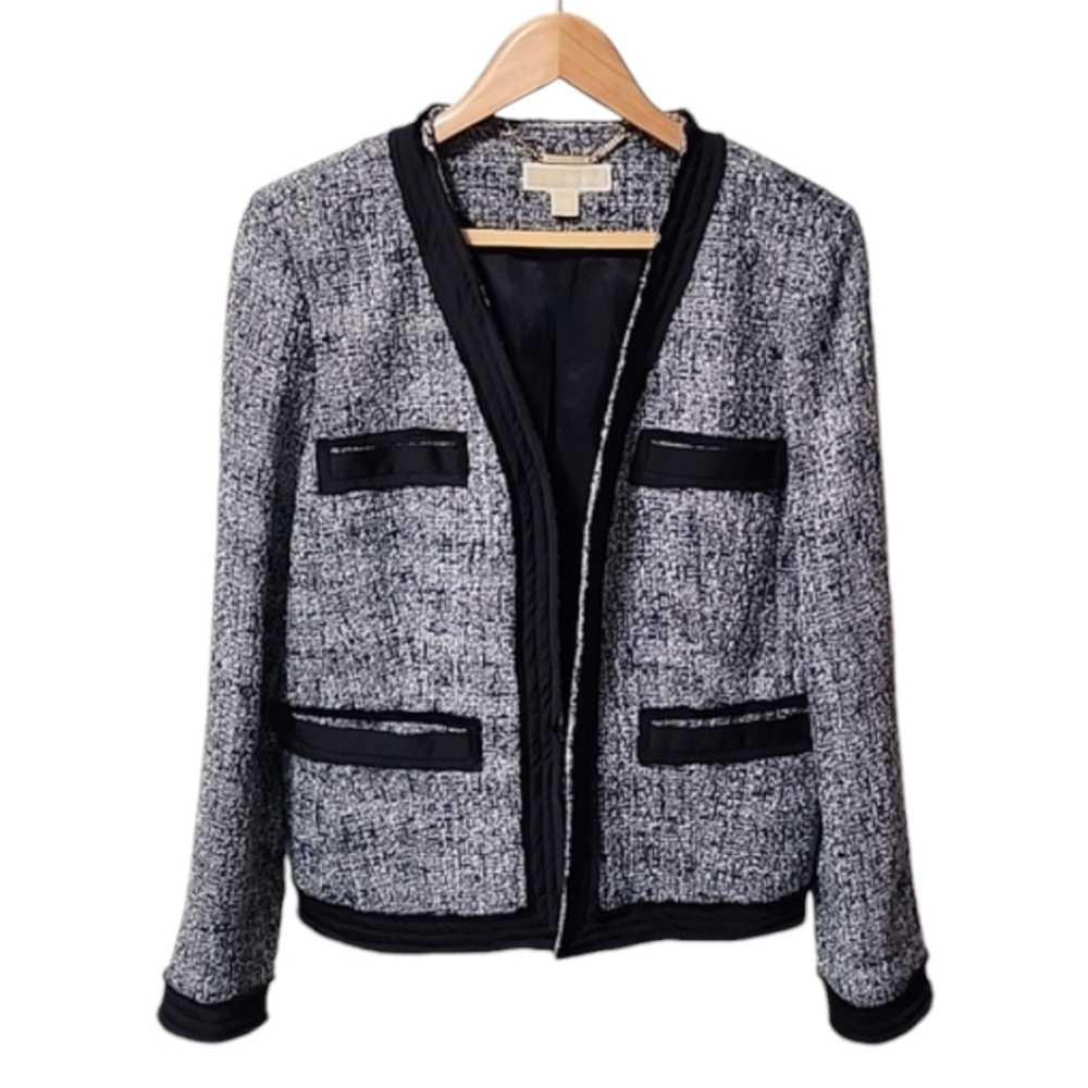 MICHAEL KORS Tweed Blazer 10 M Cropped Black Blue Boucle Jacket Blazer - Picture 5 of 16